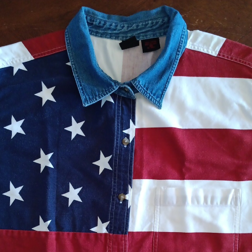 Red and White Casual Button Down Shirt with Patriotic Design. #603
